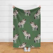 Watercolour Wolf Pack - Large - Green Linen Background - Forest Pals