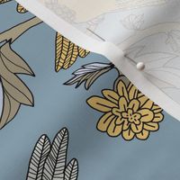 Block Print Doves and Flowering Vines in Light Gold and Gray on Colonial Blue