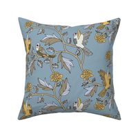 Block Print Doves and Flowering Vines in Light Gold and Gray on Colonial Blue