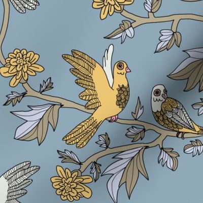 Block Print Doves and Flowering Vines in Light Gold and Gray on Colonial Blue