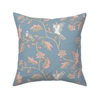 Block Print Doves and Flowering Vines in Pink and Gray on Colonial Blue