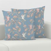 Block Print Doves and Flowering Vines in Pink and Gray on Colonial Blue