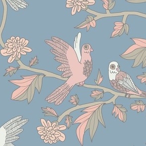 Block Print Doves and Flowering Vines in Pink and Gray on Colonial Blue