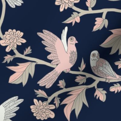 Block Print Doves and Flowering Vines in Pink and Gray on Darkest Blue