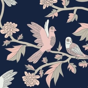 Block Print Doves and Flowering Vines in Pink and Gray on Darkest Blue