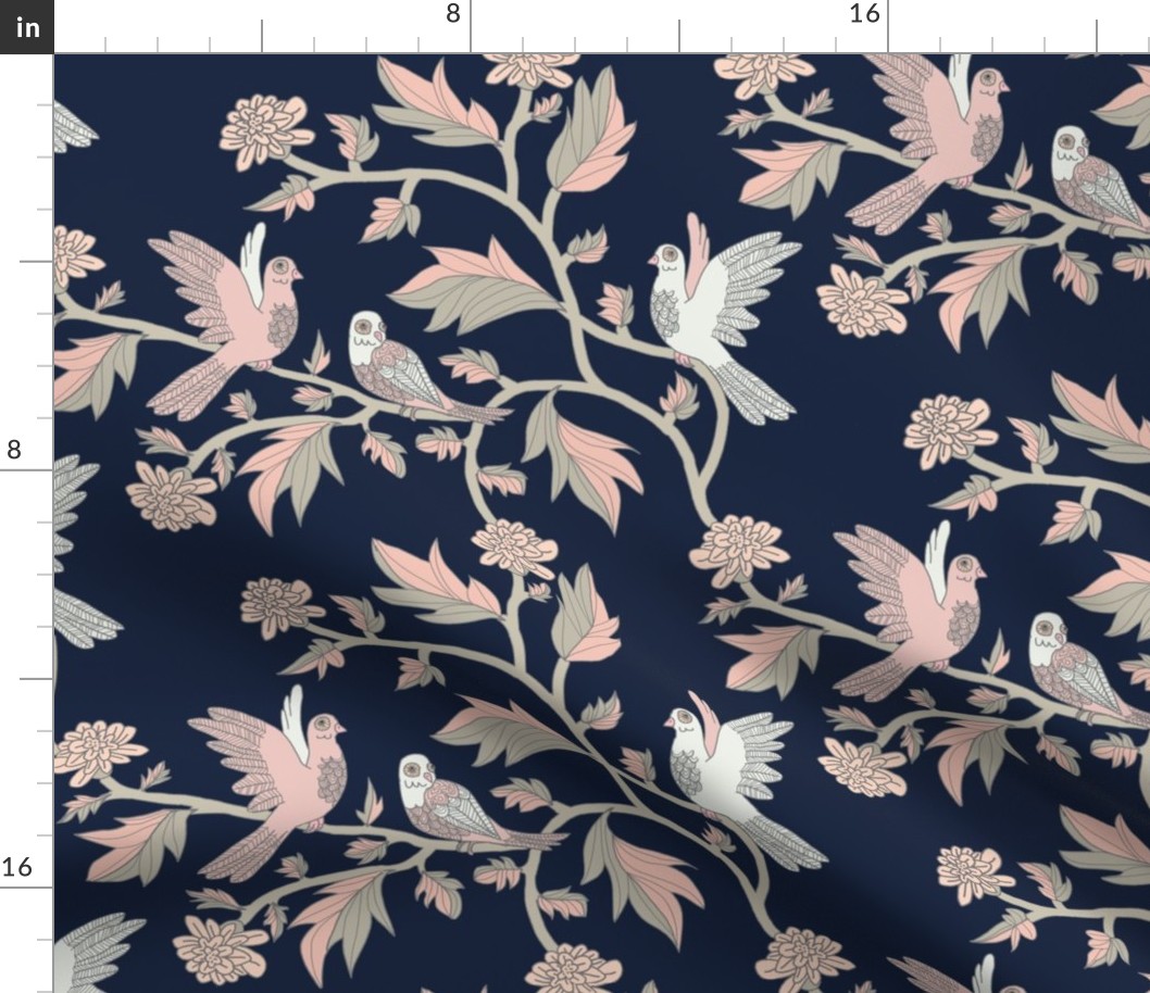 Block Print Doves and Flowering Vines in Pink and Gray on Darkest Blue