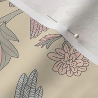 Block Print Doves and Flowering Vines in Pink and Gray on Beige