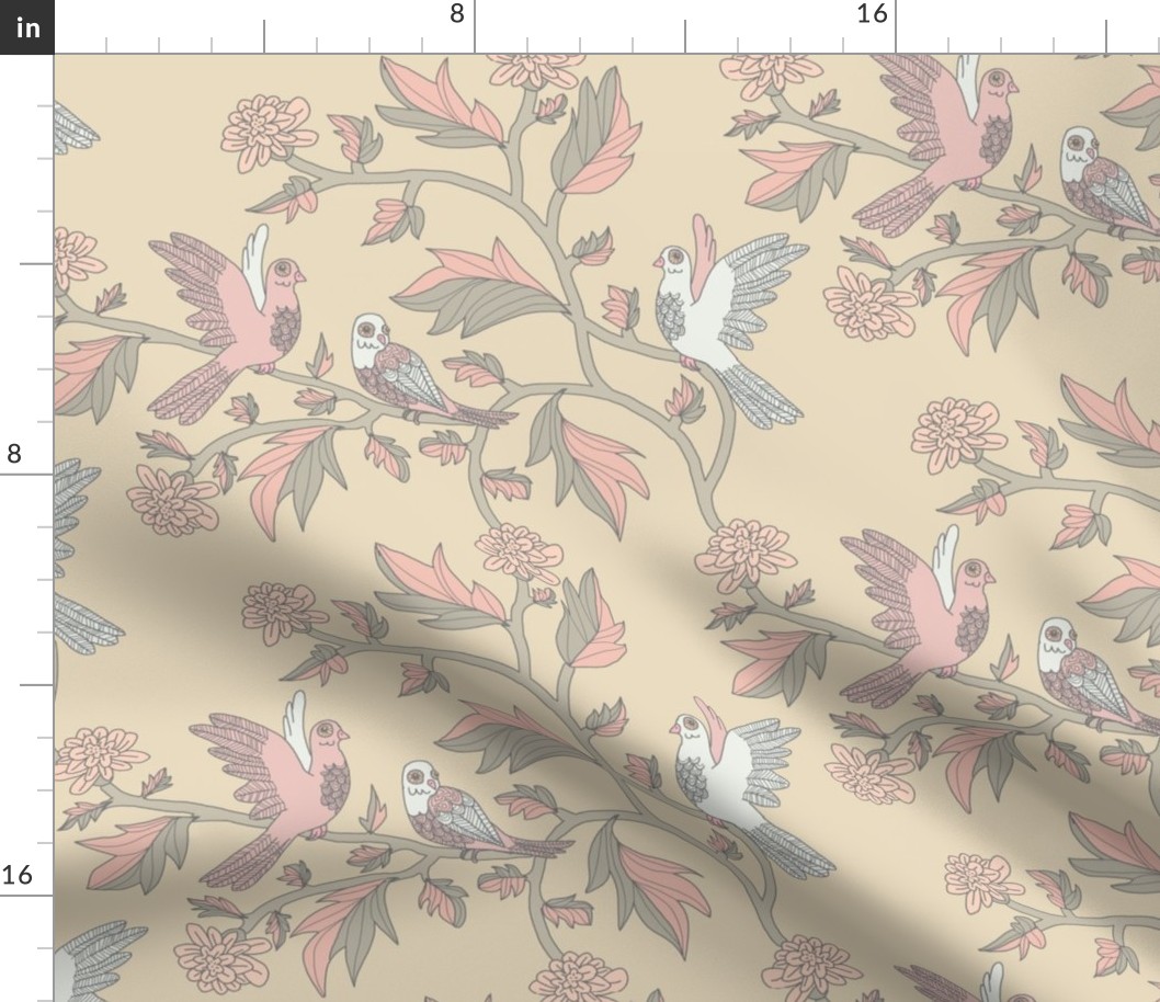 Block Print Doves and Flowering Vines in Pink and Gray on Beige