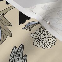 Block Print Doves and Flowering Vines in Black and Gray on Beige