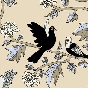 Block Print Doves and Flowering Vines in Black and Gray on Beige