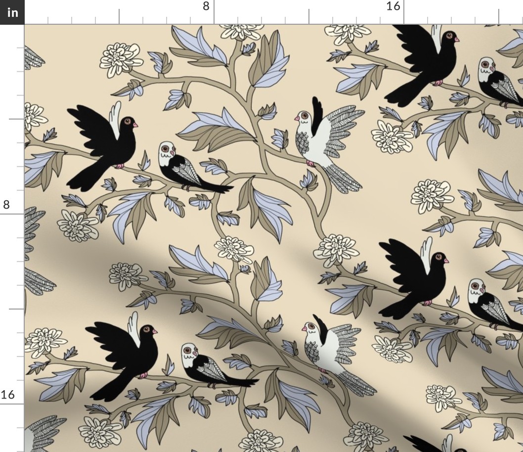 Block Print Doves and Flowering Vines in Black and Gray on Beige