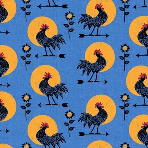 Block Print Rooster Weathervane with Sun and Sunflower Faux Texture Blue Ground Medium Scale