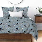 Block Print Doves and Flowering Vines in Black and Gray on Colonial Blue
