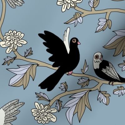 Block Print Doves and Flowering Vines in Black and Gray on Colonial Blue