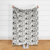 Block Print Doves and Flowering Vines in Black and Gray on White