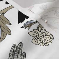 Block Print Doves and Flowering Vines in Black and Gray on White