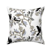 Block Print Doves and Flowering Vines in Black and Gray on White