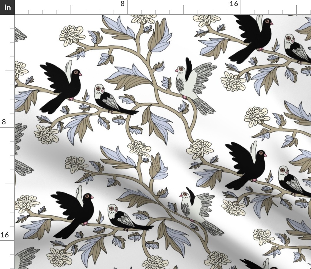 Block Print Doves and Flowering Vines in Black and Gray on White