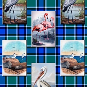 Crane Flamingo and Pelican Large Blue Plaid Check