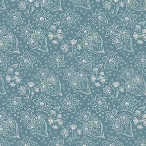 Whimsical daffodils and daisies on a dark teal background - spring and easter themed 