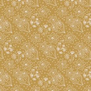Whimsical daffodils and daisies on a tan brown background - easter and spring theme