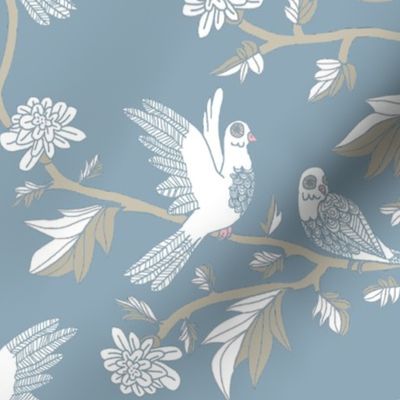 Block Print Doves and Flowering Vines in Winter White on Colonial Blue