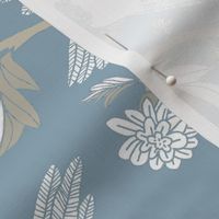 Block Print Doves and Flowering Vines in Winter White on Colonial Blue