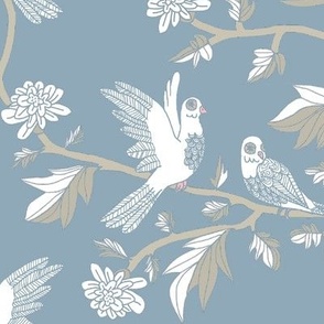 Block Print Doves and Flowering Vines in Winter White on Colonial Blue