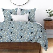 Block Print Doves and Flowering Vines in Black and Taupe on Colonial Blue