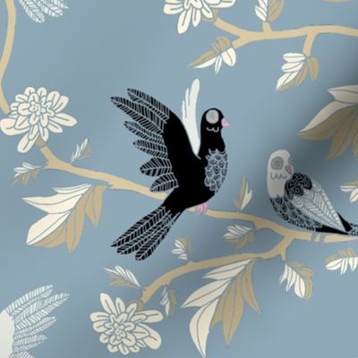 Block Print Doves and Flowering Vines in Black and Taupe on Colonial Blue