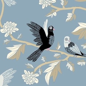 Block Print Doves and Flowering Vines in Black and Taupe on Colonial Blue