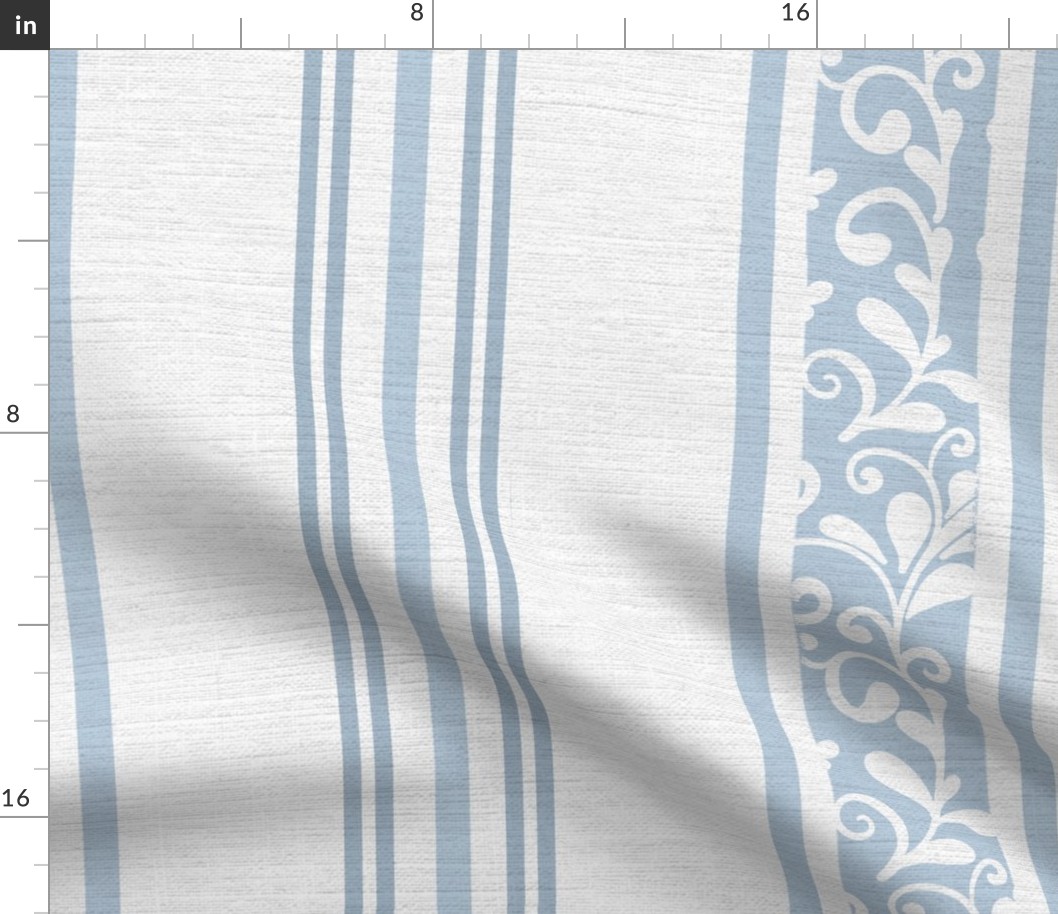 classic blue stripes with elaborate ornaments  on an off white linen background - large scale