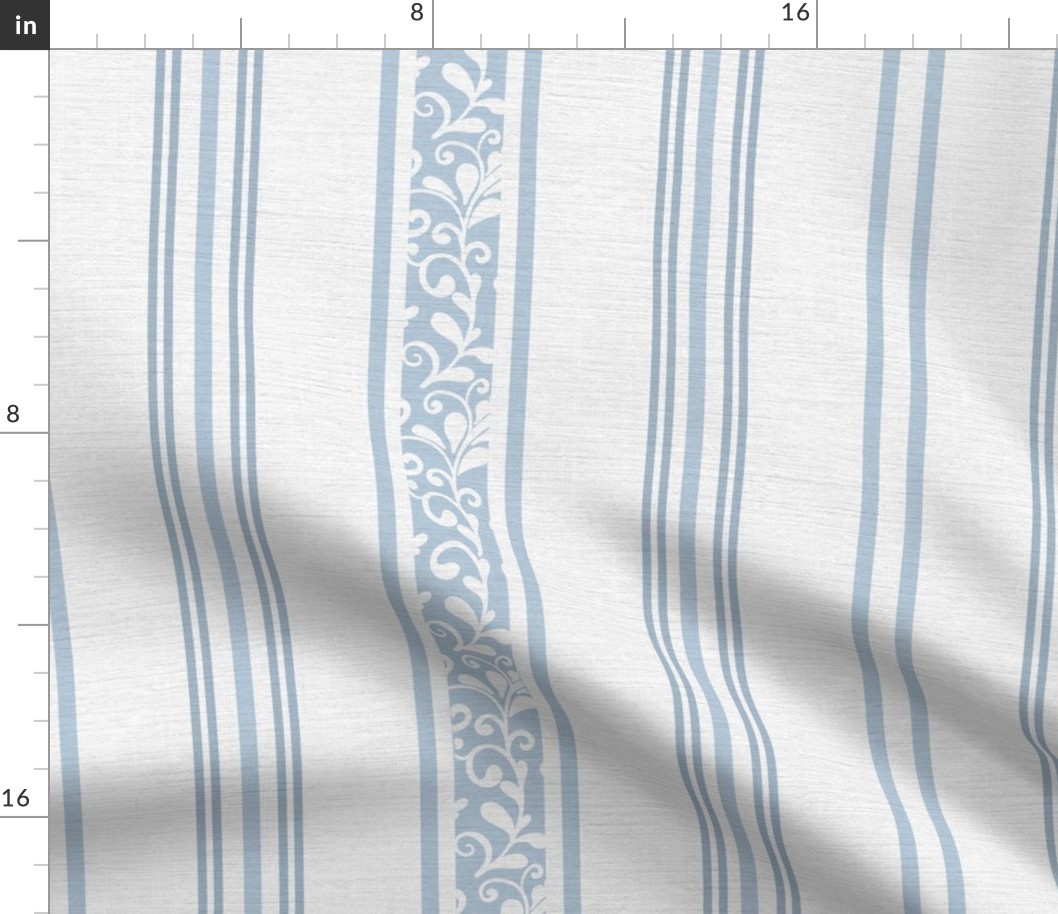 classic blue stripes with elaborate ornaments  on an off white linen background - medium scale