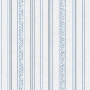 classic blue stripes with elaborate ornaments  on an off white linen background - small scale