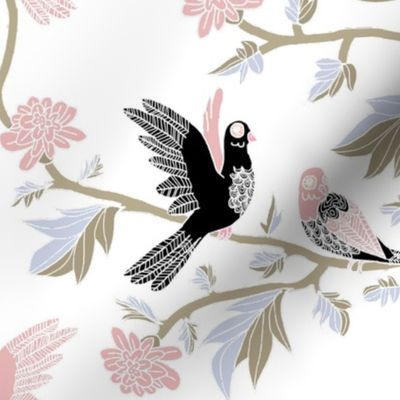 Block Print Doves and Flowering Vines in Black and Pink on White