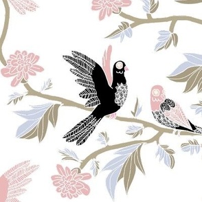 Block Print Doves and Flowering Vines in Black and Pink on White