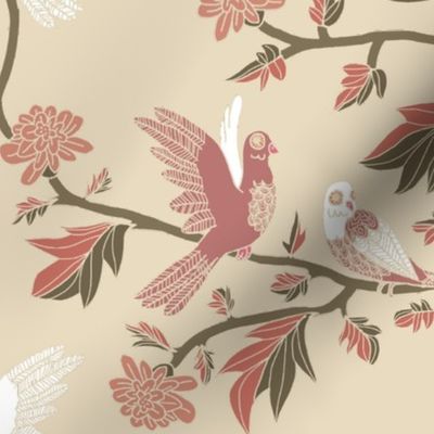 Block Print Doves and Flowering Vines in Dusty Rose with White on Beige