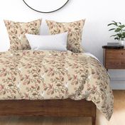 Block Print Doves and Flowering Vines in Dusty Rose with White on Beige