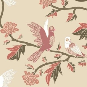 Block Print Doves and Flowering Vines in Dusty Rose with White on Beige