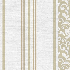 classic greenish and pastel yellow stripes with elaborate ornaments  on an off white linen background - large scale