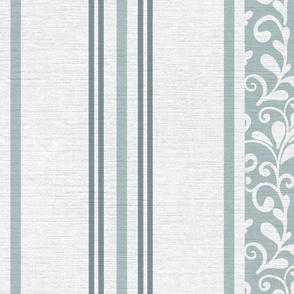 classic green stripes with elaborate ornaments  on an off white linen background - large scale