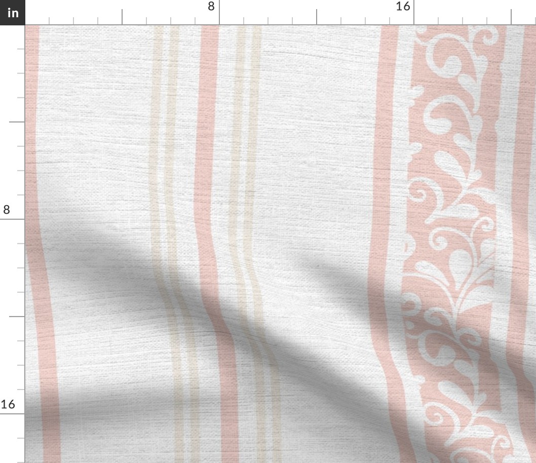classic pink and pastel yellow stripes with elaborate ornaments  on an off white linen background - large scale
