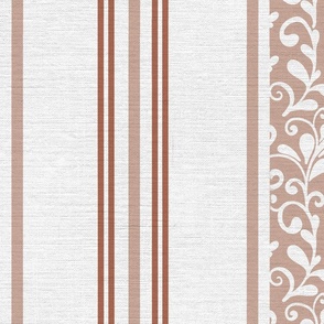 classic earthy red brown stripes with elaborate ornaments  on an off white linen background - large scale
