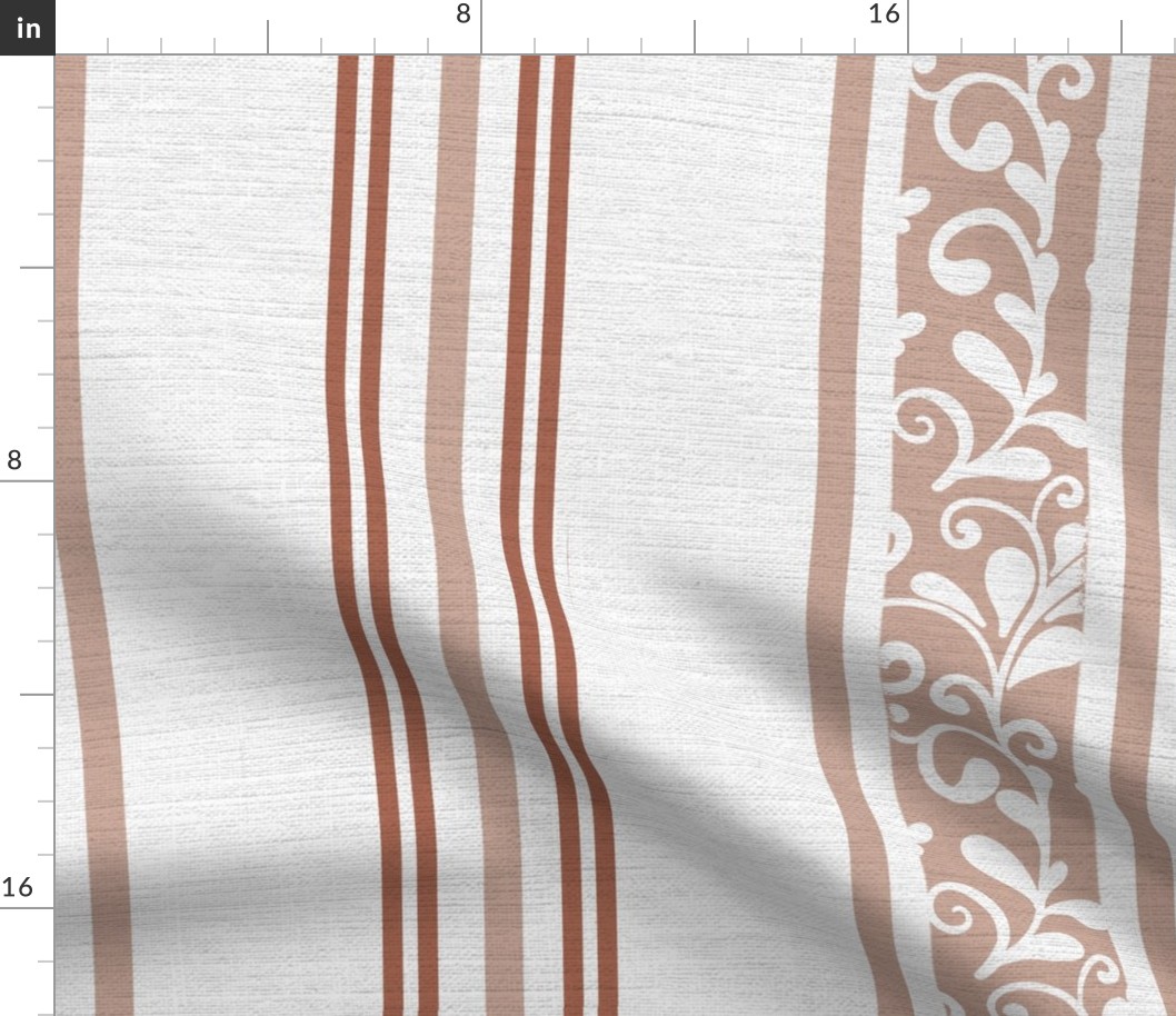 classic earthy red brown stripes with elaborate ornaments  on an off white linen background - large scale