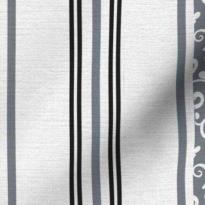 classic black and grey stripes with elaborate ornaments  on an off white linen background - medium scale