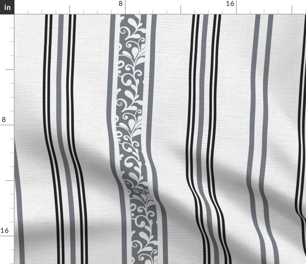 classic black and grey stripes with elaborate ornaments  on an off white linen background - medium scale