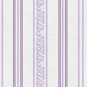 classic lavender and purple stripes with elaborate ornaments  on an off white linen background - medium scale