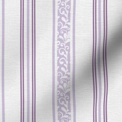 classic lavender and purple stripes with elaborate ornaments  on an off white linen background - small scale