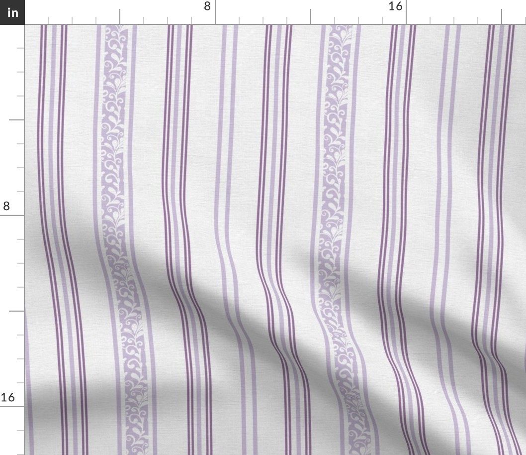 classic lavender and purple stripes with elaborate ornaments  on an off white linen background - small scale