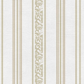 classic greenish and pastel yellow stripes with elaborate ornaments  on an off white linen background - medium scale